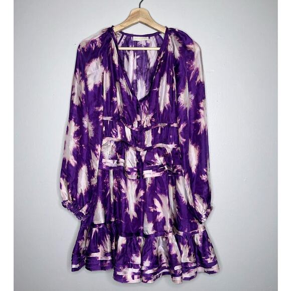 Ulla Johnson Emery Tie-Dyed Ruffle Trim Silk Mini Dress Purple/White Size 0 - Picture 3 of 10